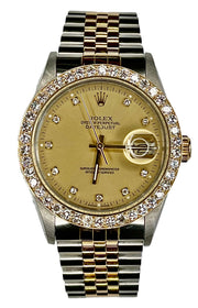 Rolex Datejust 36mm Two Tone Jubilee Band with Gold Dial, Diamond Markers, and Custom Diamond Bezel