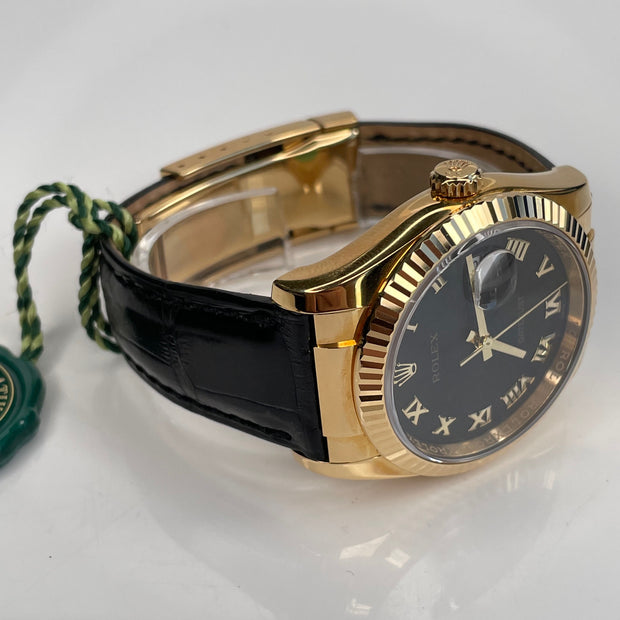 Pre-Owned Rolex Datejust 36mm Black Dial with Yellow Gold Roman Numerals & Black Alligator Leather Strap