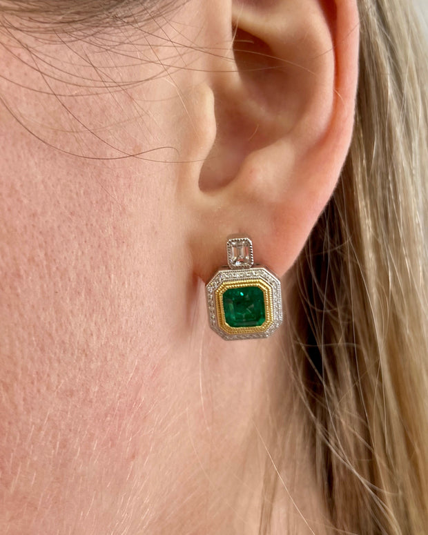 2.82 ctw Emeralds with 0.69 ctw Diamond Halo Earrings set in 18k Yellow and White Gold