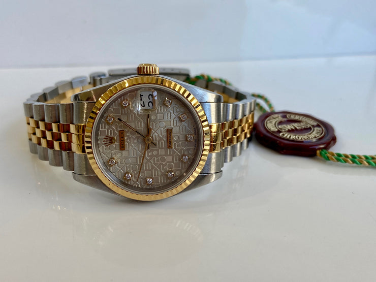 Rolex Datejust Two Tone Jubilee with Original Tapestry Diamond Dial and Fluted Bezel
