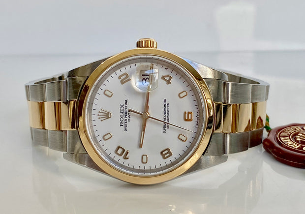 Rolex Date Oyster Perpetual with White Arabic Dial and Two Tone Oyster Band 34mm