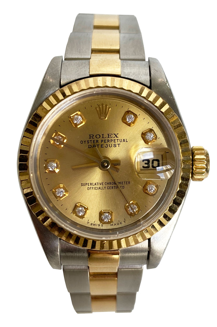Rolex Women's President Yellow Gold Fluted Factory Silver Diamond Dial