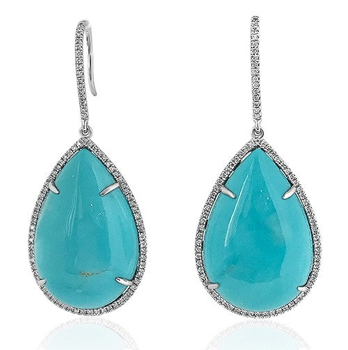 18K white gold dangle earrings with pear-shaped cabochon turquoise and round brilliant diamonds