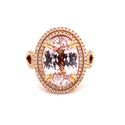 A front view of the beautiful morganite with diamond double halo.