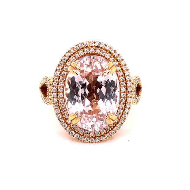 A front view of the beautiful morganite with diamond double halo.