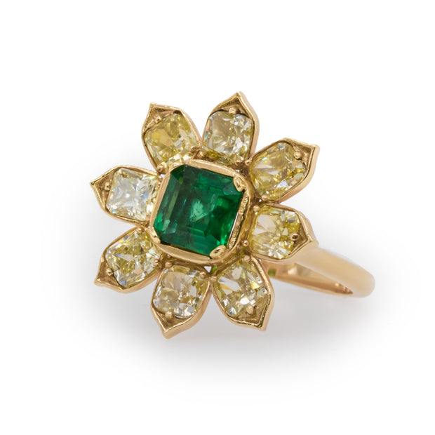 Emerald and Fancy Yellow Diamond Flower Ring