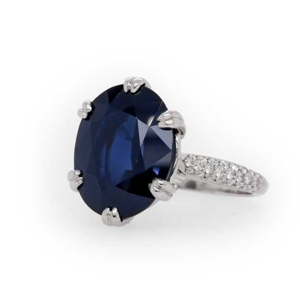 11.26 CT Oval Cut Sapphire with 0.38 CTW Round Brilliant Cut Pave Set Diamond Ring set in Platinum