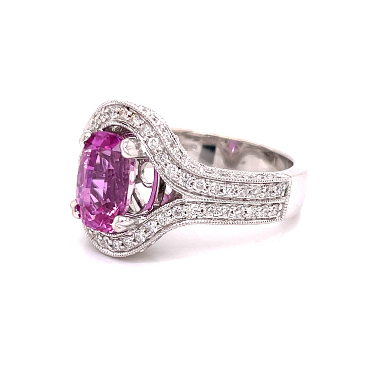 3.12 CT Cushion Cut Pink Sapphire and 1.13 CTW Diamond Ring Set in 14 KWG