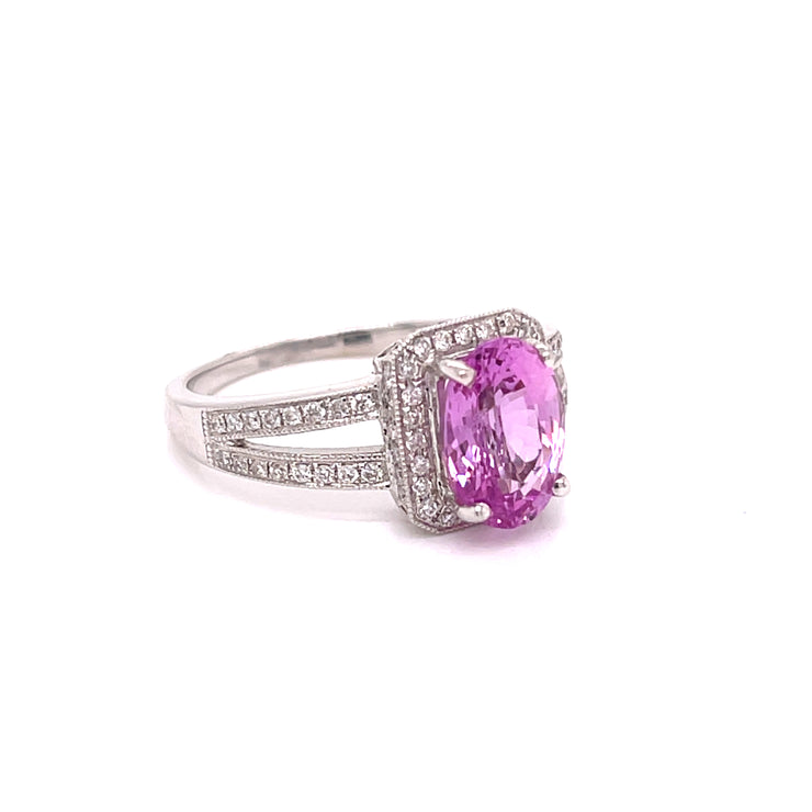 2.48 CT Oval Pink Sapphire and .32 CTW Diamond Ring Set in 18 KWG