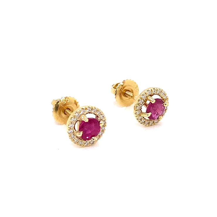 1.80 ctw Ruby and 0.16 ctw Diamond Stud Earrings in 18k Yellow Gold