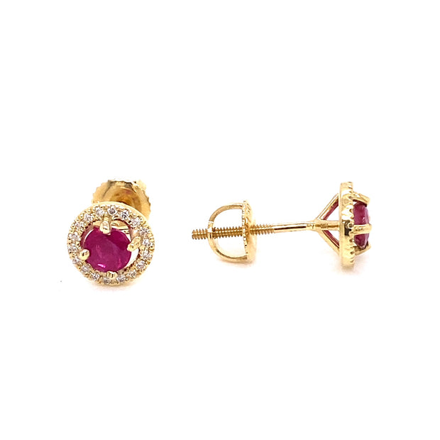 1.80 ctw Ruby and 0.16 ctw Diamond Stud Earrings in 18k Yellow Gold