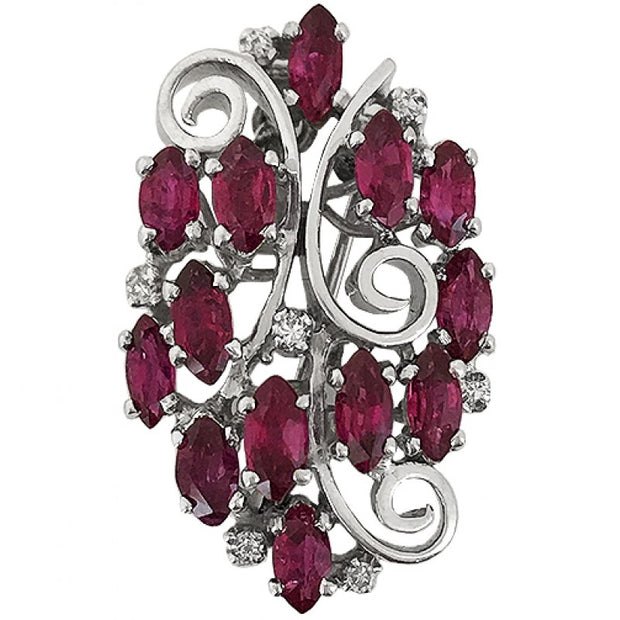 Convertible Platinum Pendant/Brooch with Marquise Rubies and Round Diamonds