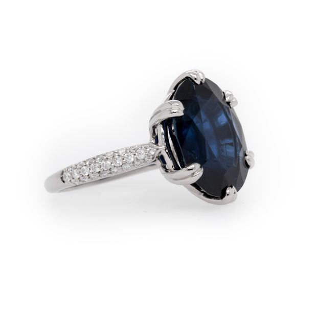 An oval cut sapphire ring with round brilliant cut pave set diamonds, crafted in platinum.