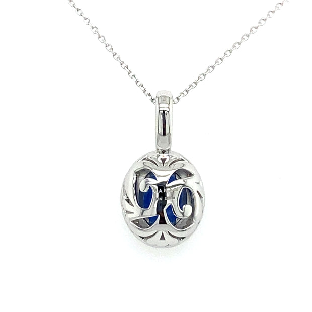 Jahan original sapphire and diamond necklace in white gold on chain.