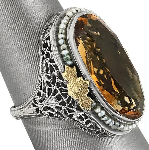 Elegant Antique Citrine Ring with Seed Pearls –
Warm, luminous citrine and delicate pearls in a bold, elongated setting.