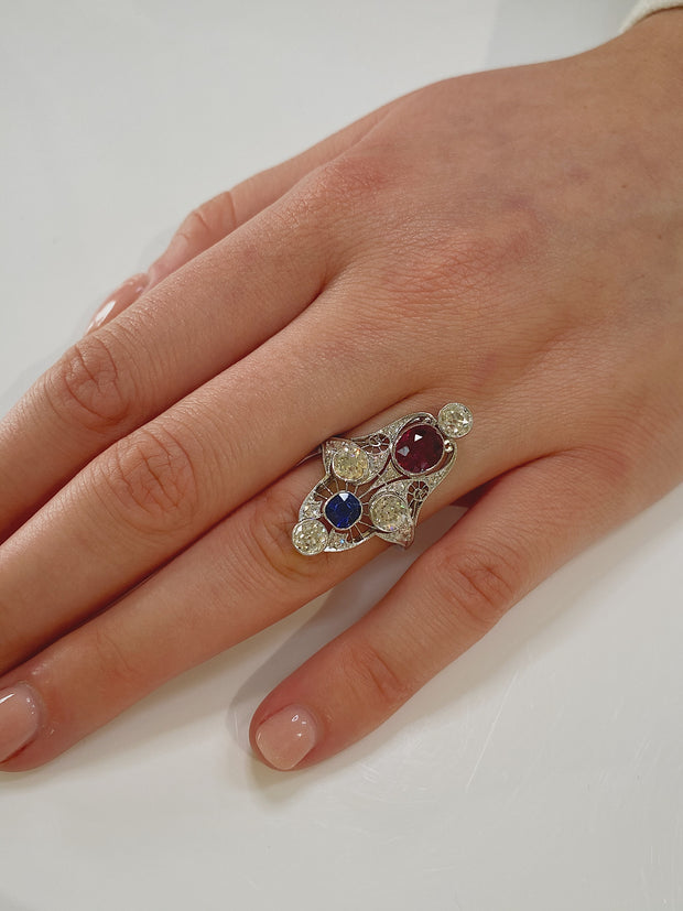 Antique Ruby, Sapphire, and Diamond Ring set in Platinum