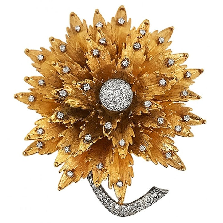 Vintage two-tone gold diamond sunflower brooch from the mid-20th century, featuring a floral design with natural diamonds.