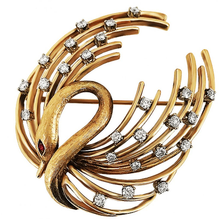 A graceful symbol of elegance, this rare mid-century swan brooch is crafted in 14K yellow gold and adorned with approximately 0.75 carats of round brilliant cut diamonds.