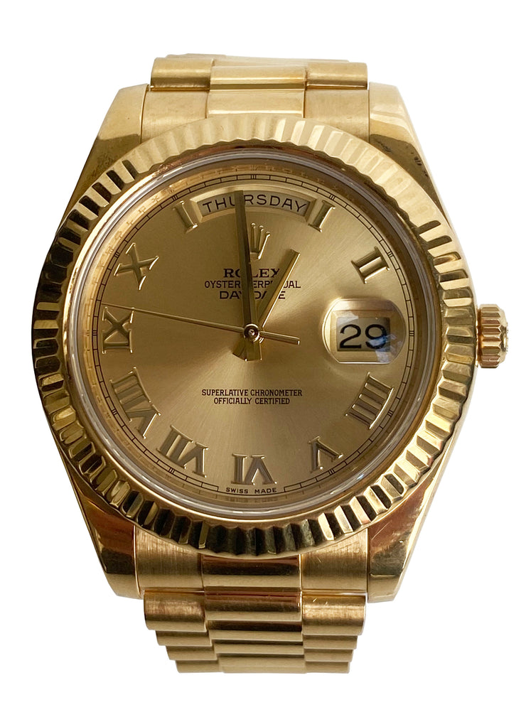 A close look at this clean and collectible Rolex DayDate II Presidental watch.
