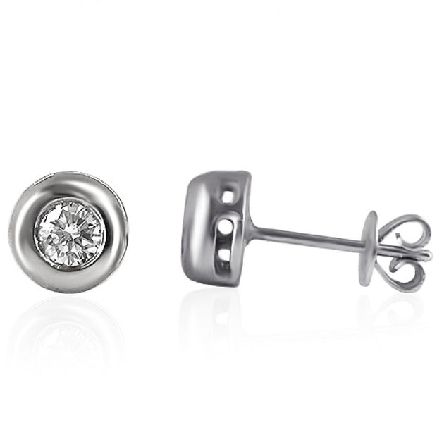 14k white gold bezel set diamond stud earrings with 0.40 carats total weight round brilliant cut diamonds