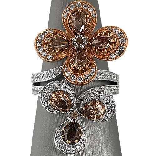 Flower design ring in 18K rose and white gold featuring pear-shaped chocolate diamonds and round brilliant white diamonds, 2.14 carats total.