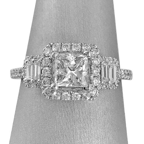 Princess Cut Three stone halo diamond ring