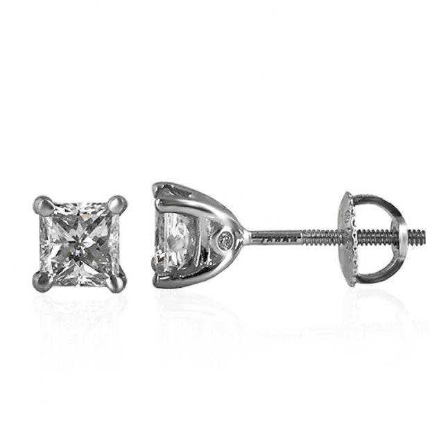 8k white gold princess cut diamond stud earrings with GIA-certified 2.11 ctw diamonds and round brilliant cut accents