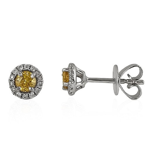 A side detailing of the fancy yellow diamond halo stud earrings.