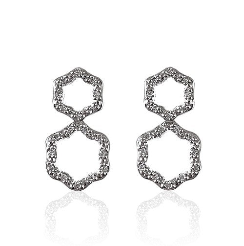Double flower diamond earrings in 18k white gold with pavé-set round diamonds from the Daniella Collection