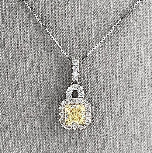 Radiant cut yellow diamond pendant