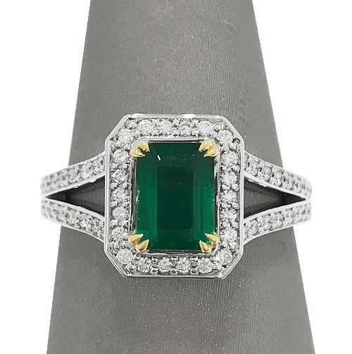 Emerald With Diamond Halo and Split Shank Ring
