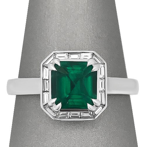 Emerald and Diamond Baguette Halo ring