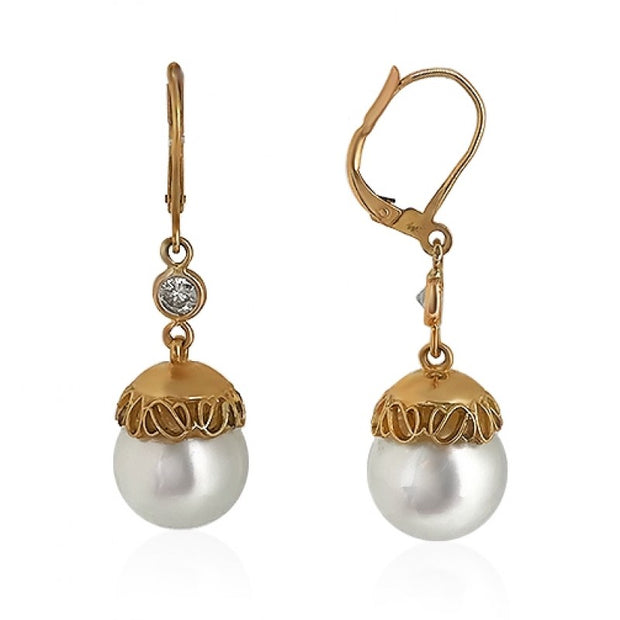 14k yellow gold drop earrings with bezel-set diamond and 9mm Akoya pearl