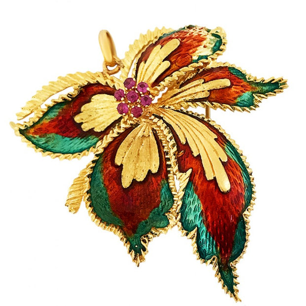 Gold and Enamel Flower Pendant / Brooch