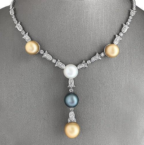 Lariat necklace with natural multi-color pearls and round brilliant cut diamond accents