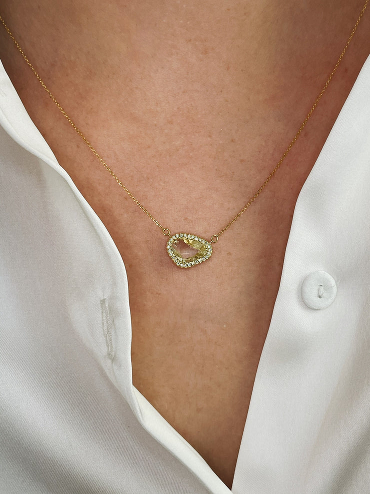 Unique yellow-hued sapphire slice necklace with diamond accents set in 18K yellow gold