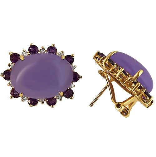 Statement earrings featuring purple jade cabochons and gemstone halos in yellow gold