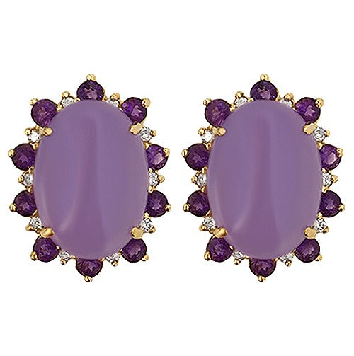 14k yellow gold earrings with purple jade cabochon center stones, surrounded by amethyst and diamond halos