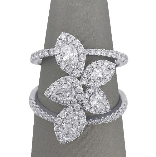 A front facing view of the Sculptural diamond floral ring.