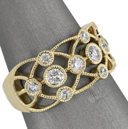 18kt yellow gold filigree diamond ring with milgrain