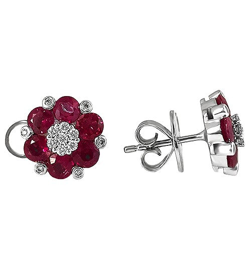 Rubies and Diamond Flower Stud Earrings
