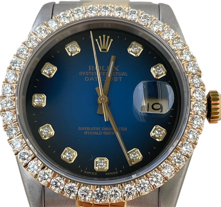 A close look at the substantial diamond bezel and brilliant blue dial.