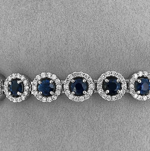 Round Blue Sapphire Halo Diamond Tennis Bracelet