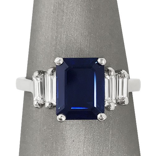 Emerald cut sapphire with diamond baguettes Clearance