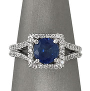 Blue Sapphire And Diamond square Halo Ring