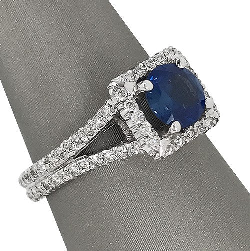 Blue Sapphire And Diamond square Halo Ring