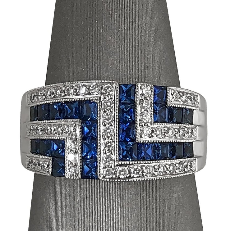 Blue Sapphire & Diamond Geometric Ring