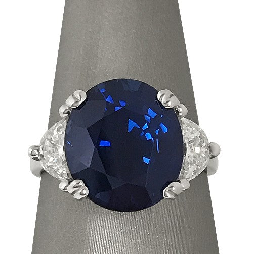 Oval Sapphire Ring with Half Moon Diamond Sides