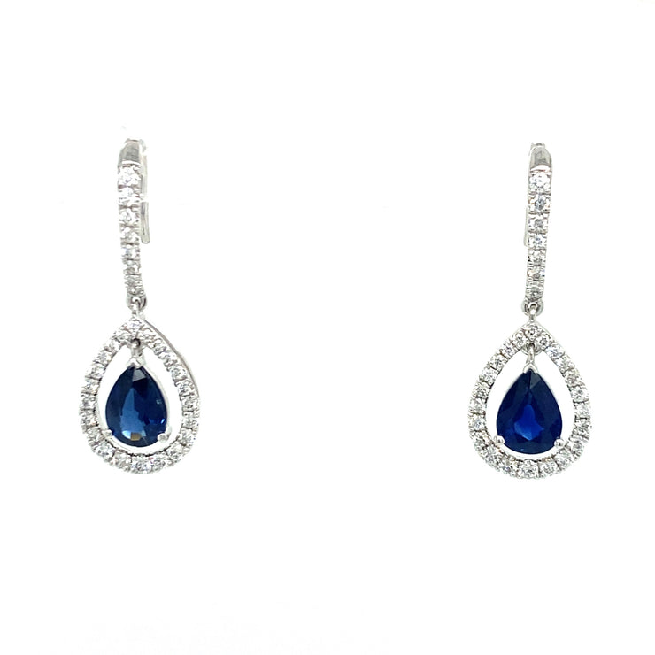 18K white gold dangle earrings with pear-shaped sapphires and diamonds
