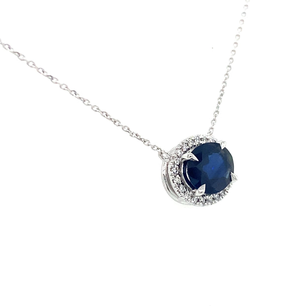 Modern sapphire and diamond pendant set in 18K white gold